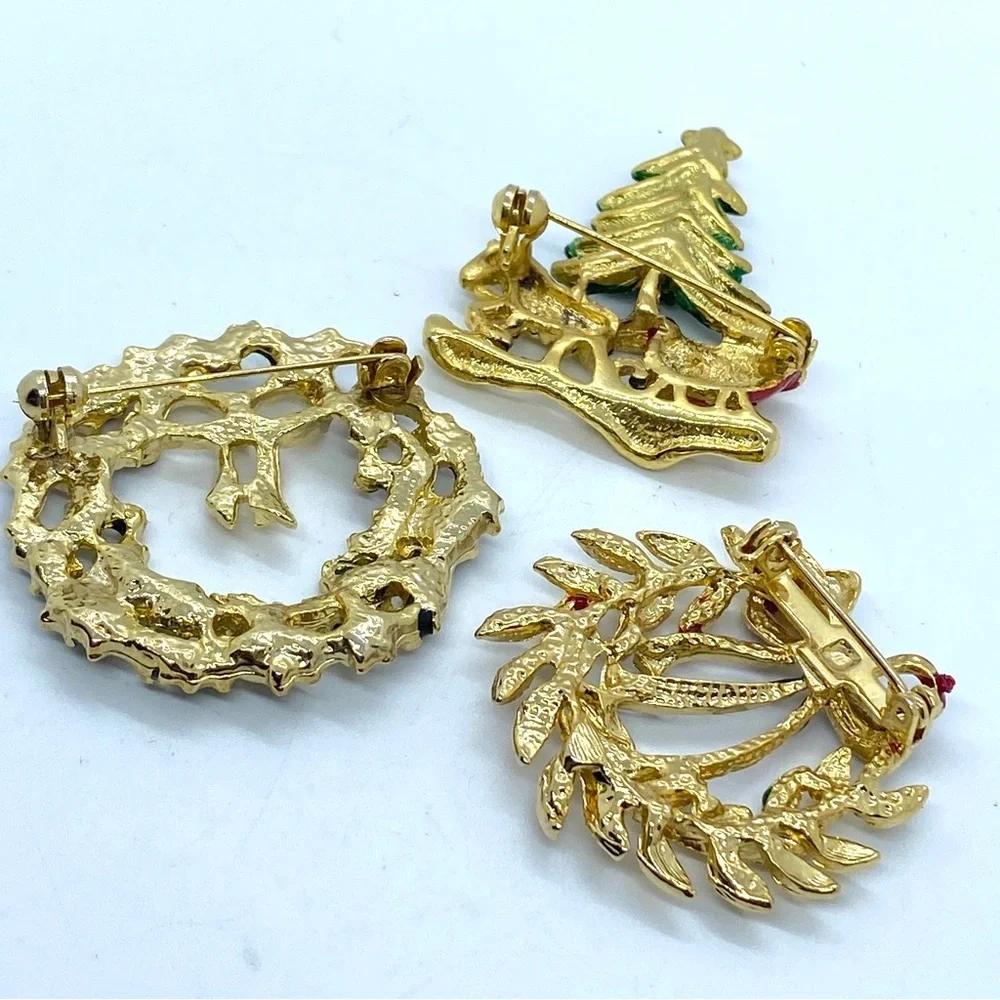 Christmas Holiday Brooch Bundle of 3 Vintage Wreath Tree